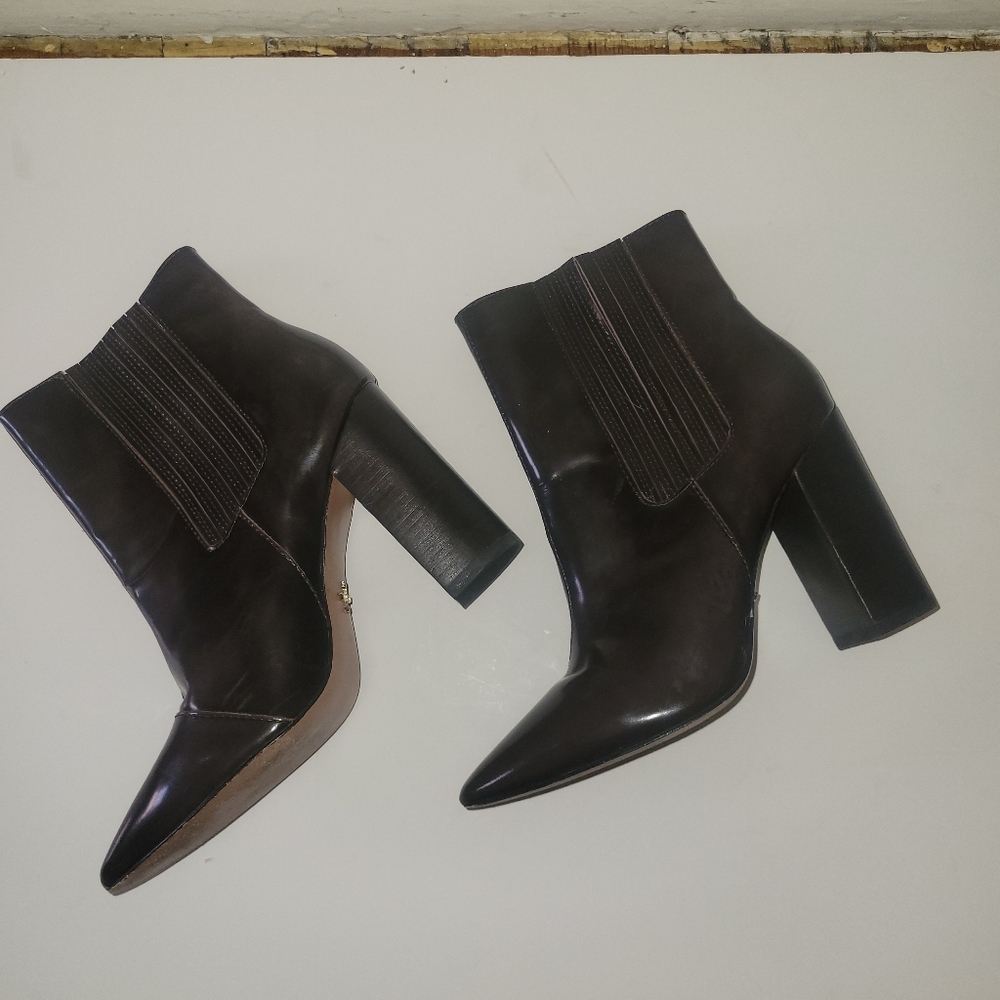 Pour La Victoire Chocolate Brown Patent Leather Boots Minimalist Western Cowboy - Picture 2 of 7